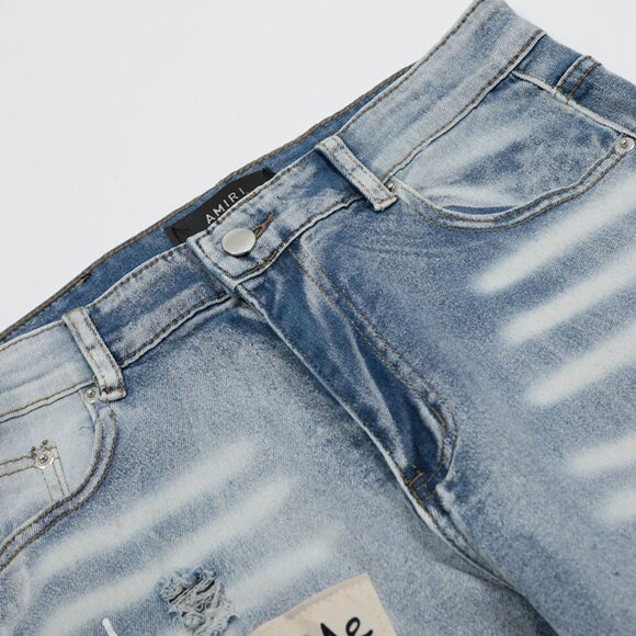 Amiri Blue Letter Full Print Patch Ripped Jeans - Picture 8 of 14